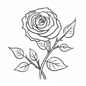 ausmalbild-rose-mit-blaettern-und-staengel