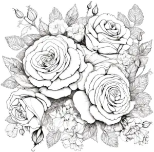 ausmalbild-rosenstrauss-mit-blueten-und-blaettern