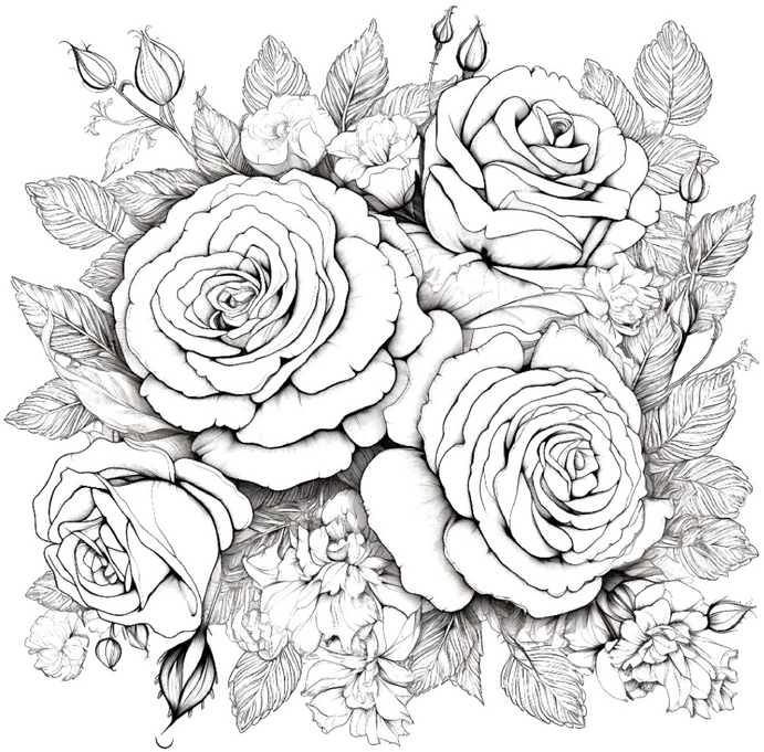 ausmalbild-rosenstrauss-mit-blueten-und-blaettern