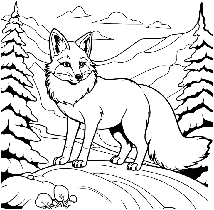 Ausmalbild cleverer Rotfuchs in schöner Landschaft
