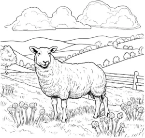 ausmalbild-schaf-auf-der-wiese-mit-huegeln
