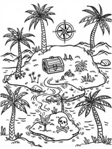 ausmalbild-schatzkarte-mit-palmbaum-und-kompassrose