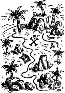 ausmalbild-schatzkarte-mit-piratensymbolen-und-palmen