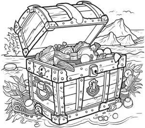 ausmalbild-schatztruhe-voller-schaetze-und-pflanzen