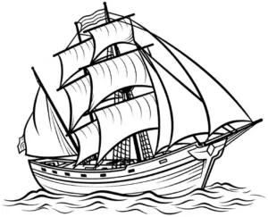 ausmalbild-schiff-mit-segeln-auf-wellen