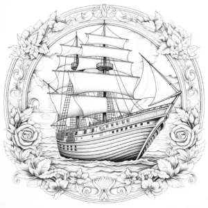 ausmalbild-schiff-und-blumenrahmen