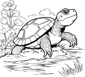 ausmalbild-schildkroete-am-gewaesser-mit-pflanzen