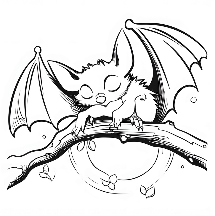 ausmalbild-schlafende-fledermaus-auf-einem-zweig