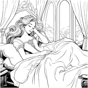 ausmalbild-schlafende-prinzessin-im-maerchenzimmer
