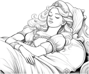 ausmalbild-schlafende-prinzessin-im-opulenten-bett