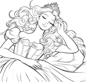 ausmalbild-schlafende-prinzessin-mit-krone-und-langen-haaren