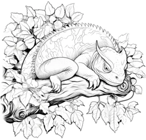 ausmalbild-schlafendes-chamaeleon-auf-ast-mit-blaettern