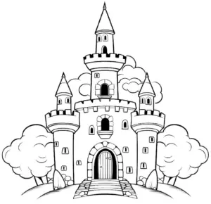 ausmalbild-schloss-mit-tuerme-und-baeume