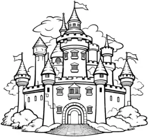 ausmalbild-schloss-mit-tuern-und-fahnen