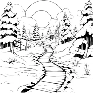 ausmalbild-schneelandschaft-mit-nadelbaeumen-und-weg