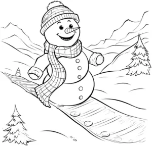 ausmalbild-schneemann-im-schnee-mit-winterlicher-landschaft