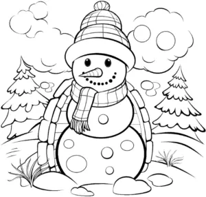 ausmalbild-schneemann-in-winterlandschaft-mit-baeumen