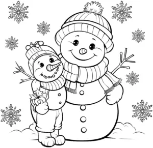ausmalbild-schneemann-mit-schneeflocken-und-muetzen