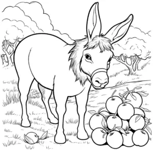 ausmalbild-schuechterner-esel-mit-obst