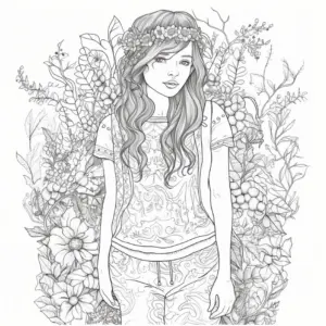 ausmalbild-schuetchternes-maedchen-mit-blumenkrone-und-pflanzen