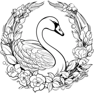 ausmalbild-schwan-im-blumenrahmen