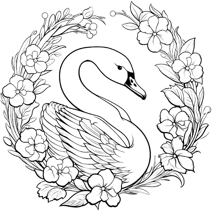 Ausmalbild Schwan umgeben von blühenden Blumen