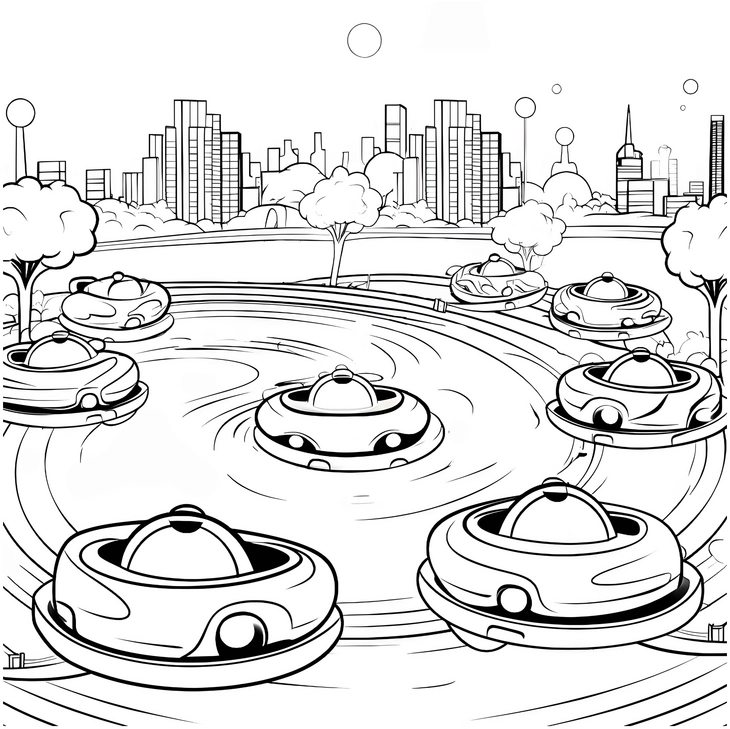 ausmalbild-schwebende-autos-in-vergnuegungspark