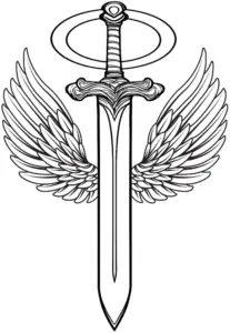 ausmalbild-schwert-mit-fluegeln-und-heiligenschein