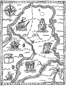 ausmalbild-seekapitaens-schatzkarte-mit-schiff-und-gebaeuden
