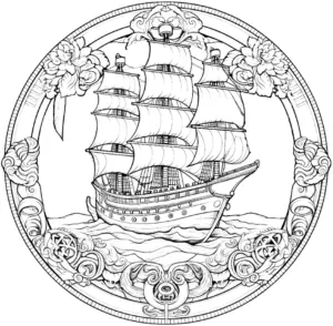ausmalbild-segelschiff-in-floraler-umrahmung