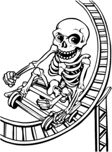 ausmalbild-skelett-auf-achterbahn