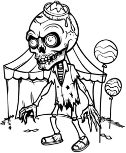 ausmalbild-skurriler-zombie-im-zirkuszelt-mit-bonbons