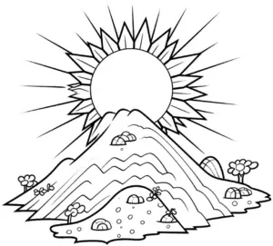 ausmalbild-sonne-und-vulkanlandschaft