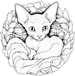 ausmalbild-sphynx-katze-in-pflanzenumgebung