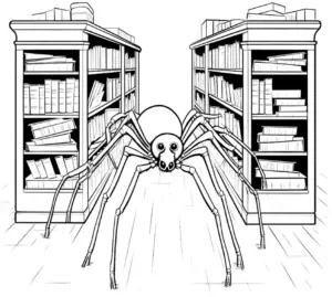 ausmalbild-spinne-in-bibliothek-mit-buecherregalen