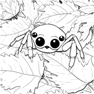 ausmalbild-spinne-zwischen-blaettern