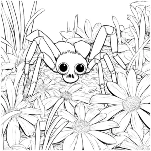 ausmalbild-spinne-zwischen-blumen