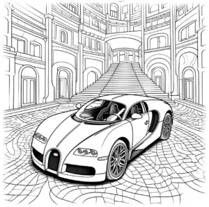 ausmalbild-sportliches-auto-in-architektonischem-innenraum