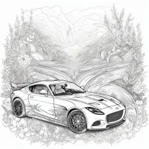 ausmalbild-sportliches-auto-mit-natur-elementen