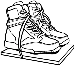 ausmalbild-sportschuhe-auf-holzbrett