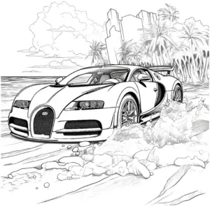 ausmalbild-sportwagen-am-strand-mit-palmen