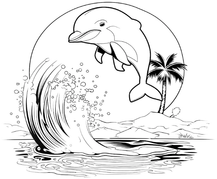 ausmalbild-springender-delfin-und-tropische-landschaft