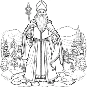 ausmalbild-st-nikolaus-mit-verschneiter-landschaft