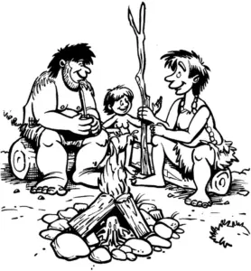 ausmalbild-steinzeit-menschen-am-feuer