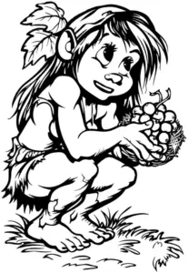 ausmalbild-steinzeitmaedchen-mit-trauben