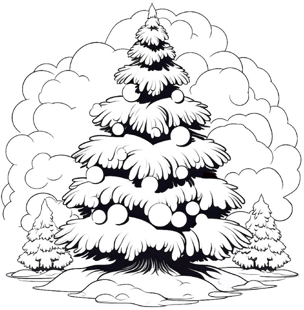 ausmalbild-tannenbaum-mit-schnee-und-wolken
