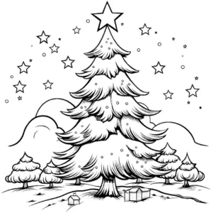 ausmalbild-tannenbaum-mit-sternen-und-haeusern