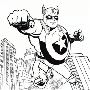 ausmalbild-tapferer-superheld-mit-schutzschild-in-der-stadt