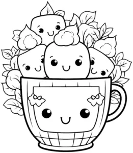 ausmalbild-tasse-mit-marshmallows-und-pflanzen