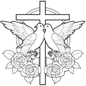 ausmalbild-tauben-kreuz-und-rosen